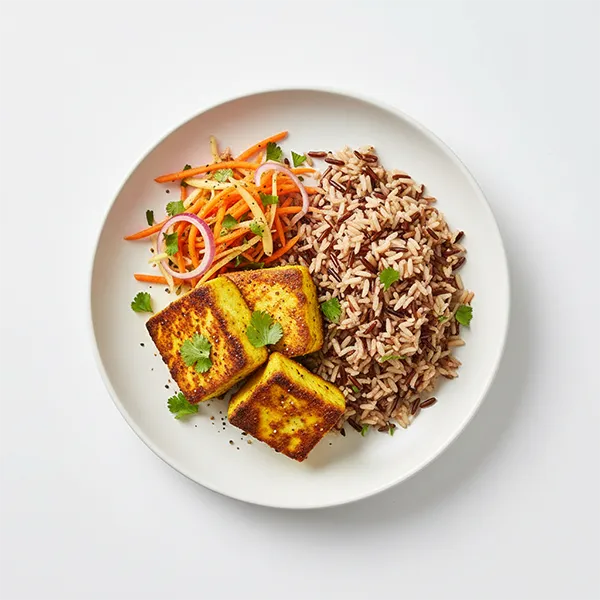 Turmeric-Seared Paneer with Wild  Rice Mix & Ginger-Carrot Slaw
